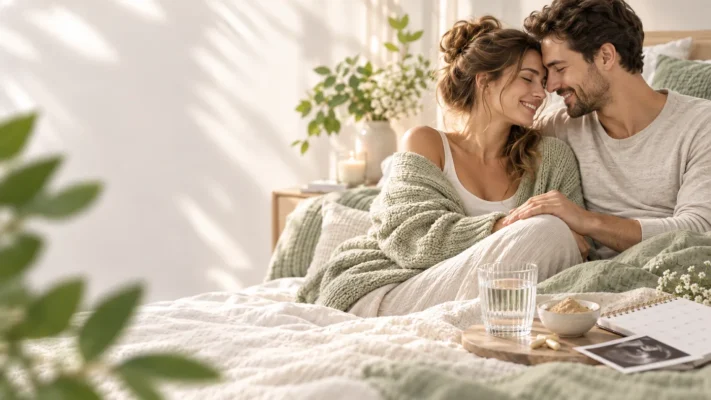 Pareja en un momento íntimo en la cama, junto a un vaso de agua y complementos alimenticios.