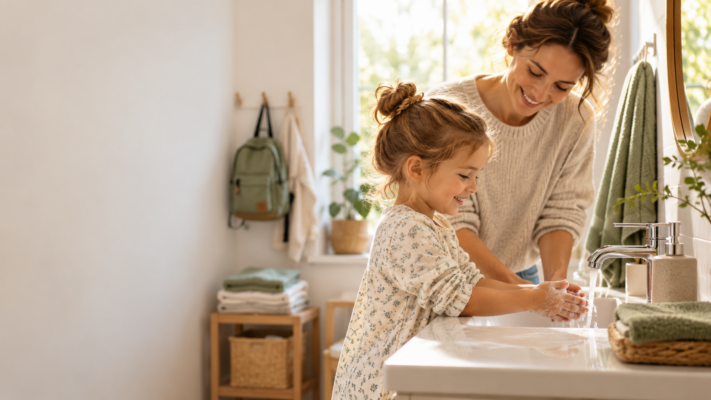 Una niña se lava las manos con jabón en el lavabo junto a su madre.